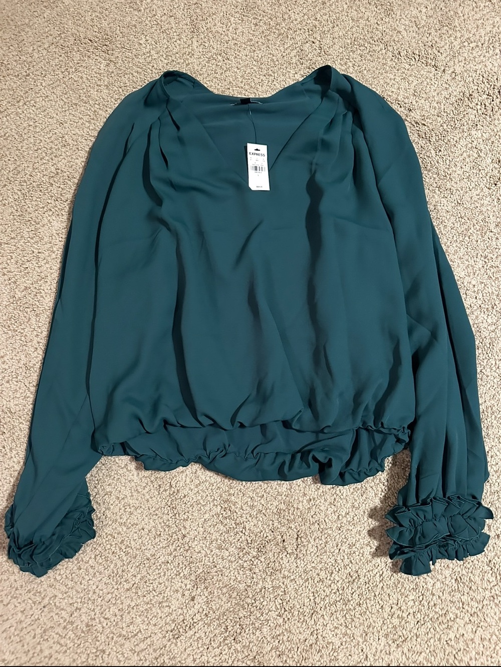 Express Teal Long-Sleeve V-Neck Ruffle-Hem Blouse